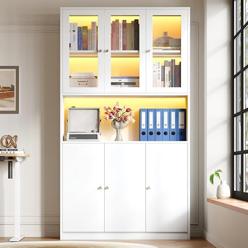 Ktipm Vitrina con Iluminación LED y Almacenaje, Vitrina Expositora con 6 Puertas y Estante, Muebles de Salon Vitrinas Expositoras Librería, 100x35x200 cm, Blanco