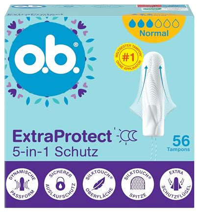 o.b. ExtraProtect - Tampones de protección 5 en 1 (1 x 56 unidades) con alas de protección extra para la mejor protección contra fugas y comodidad del mundo