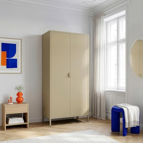 [en.casa] Armadio Guardaroba a 2 Ante e 2 Barre Aste Appendiabiti Armadio in Acciaio con Vano Portabiti e 4 Ripiani Regolabili per Camera da Letto Ingresso 170 x 80 x 45 cm - Color Cammello