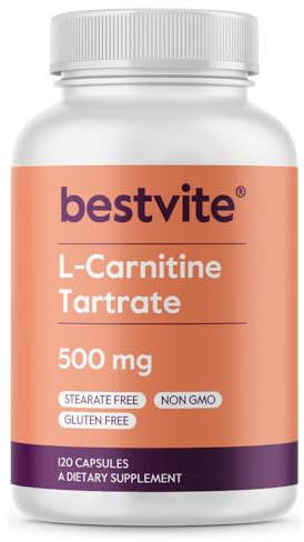 BESTVITE L-Carnitine Tartrate 500mg per Capsule (120 Capsules) - No Stearates - Non GMO - Gluten Free - Supports Heart Health & Energy Production*