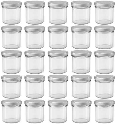 hocz Juego de tarros de cristal para almacenamiento, cantidad de 25 unidades, capacidad de 125 ml, con tapa de rosca, color plateado, 25 etiquetas, tarros de mermelada todoterreno, etiquetas para el