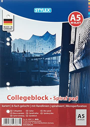 Stylex 43887-P6 - Collegeblock mit Spiralbindung, kariert, DIN A5, 80 Blatt mit 60 g/m² Grammatur, 6 Stück