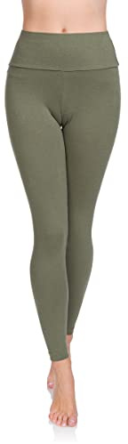SOFTSAIL Leggings 95% Coton Leggings pour Femmes Taille Haute Longueur Totale Contrôle du Ventre Legging Pantalons Extensibles Temps Libre Relaxation Marche Kaki 48