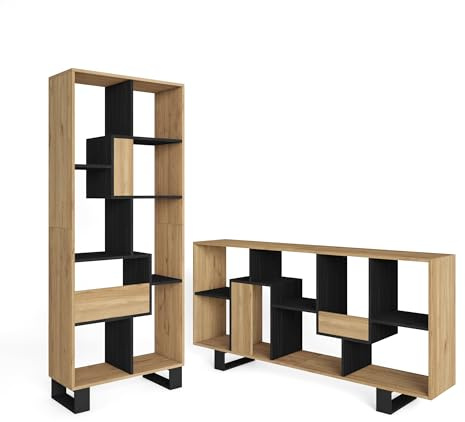 Skraut Home | Bücherregal Bibliothek | Bookshelf, Bookcase | 174x67x31cm | Industriedesign | Moderner Stil | Eiche und Schwarz