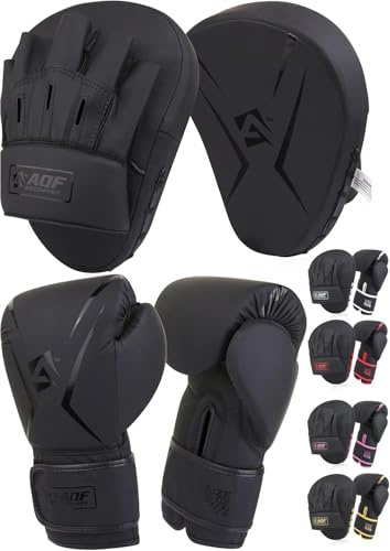 AQF Kit Boxeo, Guantes con Manoplas, Kickboxing MMA Muay Thai Entrenamiento | Rango de 8 a 16 OZ, Guantillas de Entrenamiento, Paos Curvos, Boxing Gloves & Focus Pads Set, Artes Marciales Training