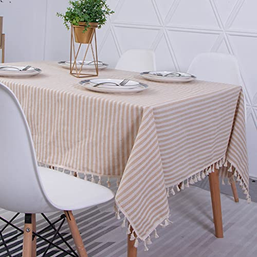 Novetec Rectangular Mantel Algodon Lino Rayas Borlas Mantel Lavables Resistentes al Aceite Antimanchas Manteles de Fácil Cuidado para Interior Exterior Jardín Comedor Fiesta y Celebraciones 140x220cm