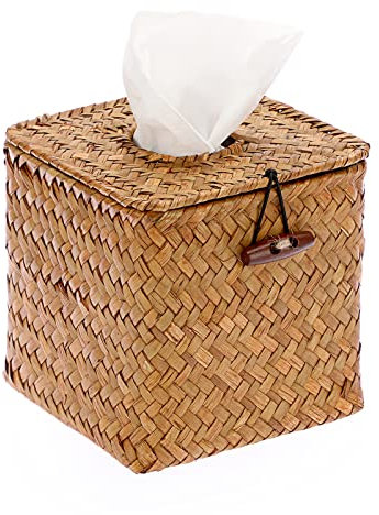 BTSKY Quadratische Kosmetiktuchbox aus Seegras – dekorativer gewebter Korb-Papierhalter, Taschentuchhalter für Küche, Bad, Büro und Hotel, Karamell