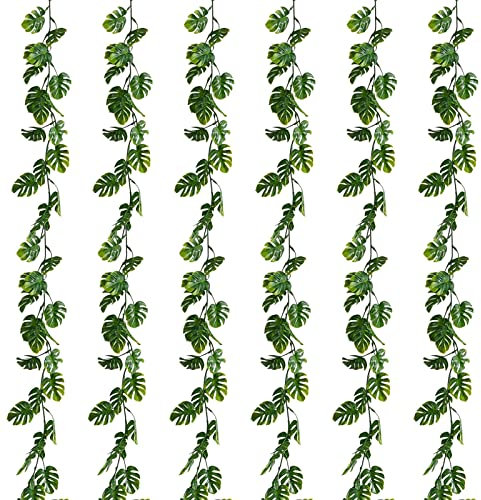 Zeyune 6 Pcs Artificial Monstera Leaf Vines 5.9 ft Fake Hanging Plant Ivy Tropical Palm Leaves Greenery Garland Monstera Faux Vine for Wedding Party Outdoor Decor Garden Porch Jungle Hawaiian Beach