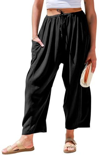 TARSE Womens Linen Pants Casual Wide Leg Loose Drawstring Low Waist Beach Palazzo Harem Pants with Pockets(Black,M)