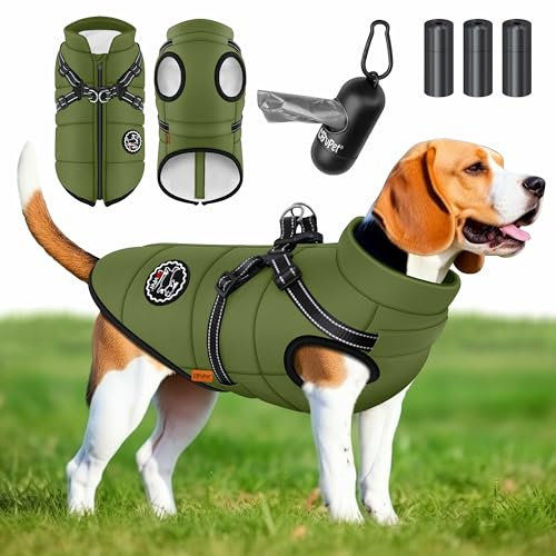 LOVPET® Hundejacke Hundemantel mit Geschirr, inkl. 45 Stück Kotbeutel + Spender, Hunde Winterweste gefüttert wasserdicht, Gepolsterte Weste Mit Brustgurt, Reflektoren, D-Ring 5XL, Khaki