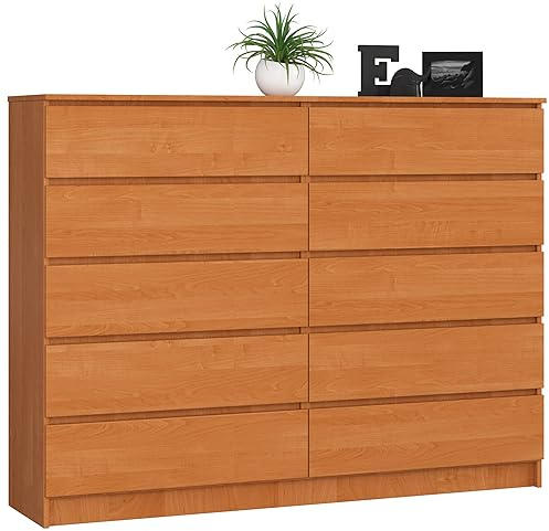 AKORD Kommode K160 160 cm | 10 Schubladen | für das Wohnzimmer | für das Schlafzimmer | für das Arbeitszimmer | Büro | B160 x H121 x T40 cm | Gewicht 101,75 kg | Erle