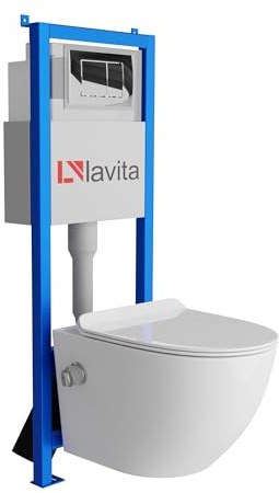 Lavita LAV 101 - Elemento da parete per WC 40 cm + parete sospesa per WC Salto bianco senza bordi + pannello di controllo LAV 200.1.2 cromato | Set completo | Cassetta di risciacquo da incasso | WC