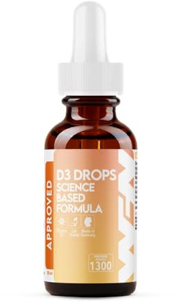 WFN Approved D3 Drops - Vitamina D3 in gocce - 1000 UI per goccia - 50 ml (1300 gocce) disciolte in olio di cocco MCT - Ad alto dosaggio e vegetariane - Prodotte e testate in Germania