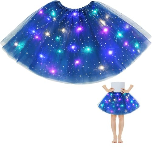 AYBUY Gonna Tulle LED per Bambina, LED Tutu Gonna con Paillettes, Gonna a Tutù in Tulle Luminoso per Carnevale Halloween Natale Festa, Regalo per le Ragazze(Blu reale spessa, 3 Strati)