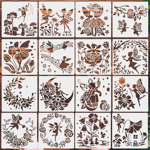 16 Pieces Fairy Stencils Set for Painting, Fairy Flowers Pattern DIY Drawing Template, Reusable Plastic Crafts Stencils for Scrapbooking Floor Wall Canvas Fabric Decor (15x15cm)