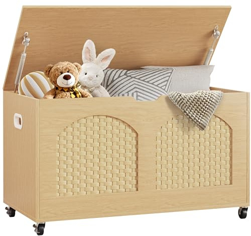 Rymeera Storage Chest, Rattan-Style Toy Storage Bench with Lid and Wheels, Square Storage Trunk for Entryway, Bedroom, Living Room(Wood)