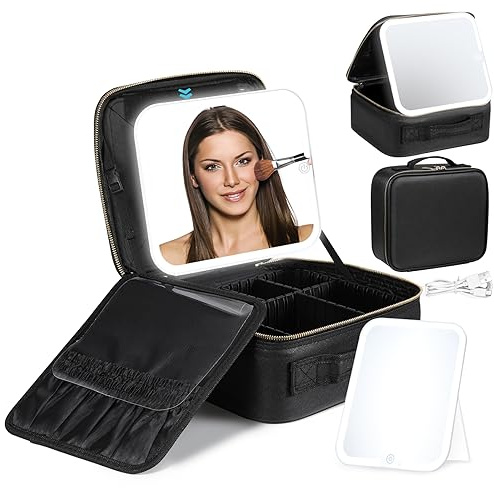 Luxspire Trousse de Maquillage de Voyage avec LED Miroir, 3 Modes d'Éclairage Miroir de Maquillage LED Valise Maquillage Trousse de Étuis de Voyage avec Séparateurs Réglables Sac à Cosmétiques, Noir