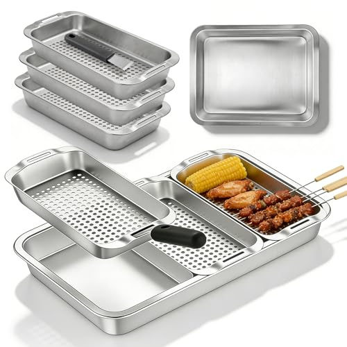 Halorin Grillkorgset med 3 rostfria korgar, serveringsbrickor och universalhandtag, perforerad grillskål och grönsakskorg som mångsidig grilltillbehör för fisk, grillskålar för gasgrill