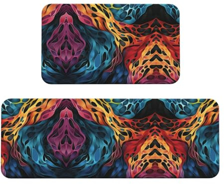 Rainbow Leopard Print Kitchen Rugs Set of 2, Cushioned Anti-Fatigue Kitchen Mats for Floor, Waterproof Comfort Standing Mat Absorbent Velvet Kitchen Runner Rugs 17x30+17x47