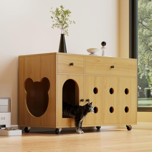 Meuble Litière Chat Mobile 100×45×66 cm, Maison de Toilette Chat Anti-Odeur avec Plateau Amovible, Cache Litière Design avec Rangement, Meuble pour Chat XXL Utilisable comme Table Basse (Naturel)