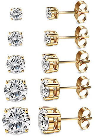 Kainier Women's 5 Pairs CZ Stud Earrings Simulated Diamond Round Warm Gold Plated Cubic Zirconia Hypoallergenic Ear Stud Set（5 Pairs)