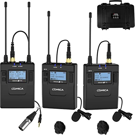 COMICA CVM-WM300A 96-Channel UHF Wireless Lavalier Microphone System Compatible with Cameras, Camcorders and Smartphones, Wireless Lapel Mic for YouTube Vlog Video Recording and Interview(2TX+1RX)