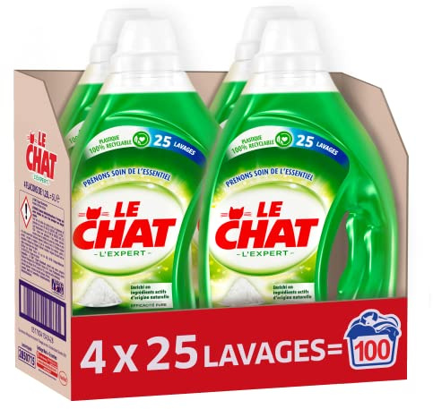Le Chat L'Expert Bicarbonate – Lessive liquide – 100 lavages (4 x 1.25L) – Lessive efficace même à froid – Lessive linge blanc et coloré