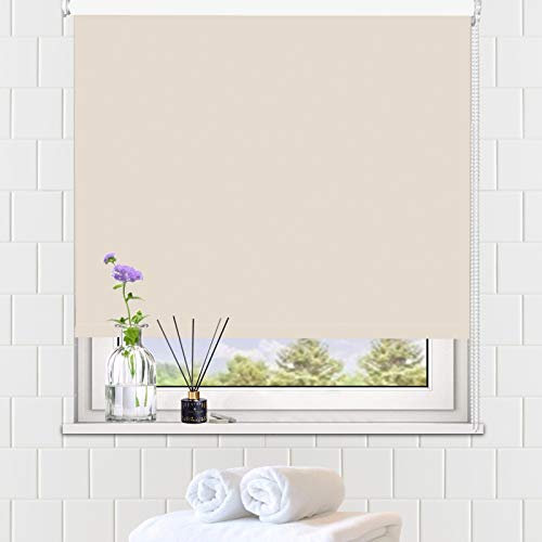 LUCKUP 100% Blackout Waterproof Fabric Window Roller Shades Blind, Thermal Insulated,UV Protection,for Bedrooms,Living Room,Bathroom,The Office, Easy to Install 53 x 183 cm(Cream)