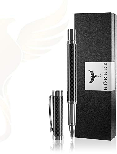 Hörner ONE - Hochwertiger Tintenroller Carbon schwarz silber | Schreibfarbe Blau 0,7 mm | Aus Metall | edles Schreibset mit Geschenkbox I Stift für Männer und Frauen | Premium Design