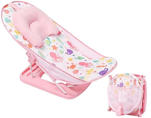 LADIDA Foldable Baby Bath Seat, Newborn Bath Seat with Adjustable Position, Collapsible Travel Bathtub for Infants 0-24 Months (284 Pink Bather)