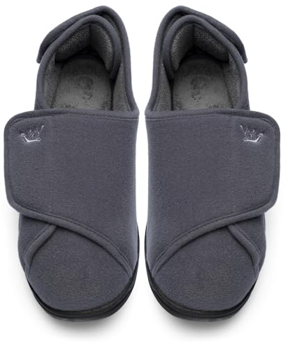 Happy Touch Mens Extra Wide Width Diabetic Slippers Memory Foam With Adjustable Soft Non-Slip Orthopedic House Shoes for Elderly Swollen Feet, Arthritis, Edema, (Grey, 14)