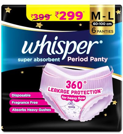 Whisper Bindazzz Culotte de nuit | 6 culottes M-L | Jusqu'à 0% de fuites | Protection contre les fuites à 360 degrés | Couverture complète du dos | Convient pour les flux lourds | Coupe flexible |