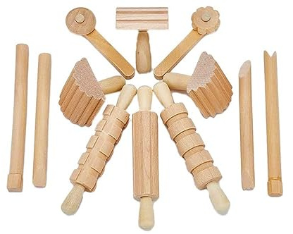 Craftplay Modelling tools | Wooden dough tools | Pack of 12 tools for cutting, stamping & rolling
