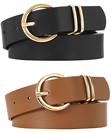JASGOOD 2 Pack Women’s Leather Belts for Jeans Dresses Fashion Gold Buckle Ladies Waist Belt, Black+Brown, L:Fit Waist Size 38-42 inches