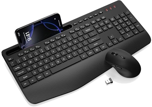 Wireless Keyboard and Mouse Combo - Full-Sized Ergonomic Keyboard with Wrist Rest, Phone Holder, Sleep Mode, 2.4G Quiet Keyboard for PC Laptop, Complete Work Setup for Office or Home -Trueque KM23