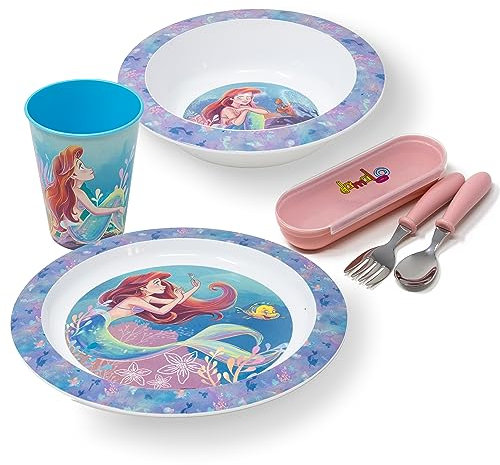 damaloo Set de Vaisselle Enfant Ariel la Petite Sirène - Assiette, Bol, Gobelet et Couverts - Vaisselle Enfant Réutilisable et Sans BPA - Coffret Repas Fille à partir de 4 ans