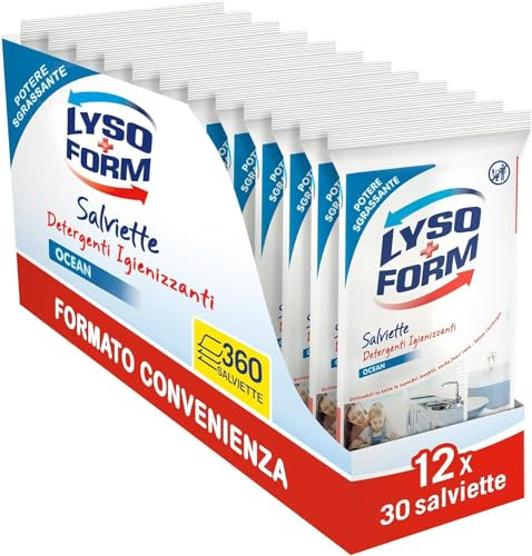 Lysoform Salviette Igienizzanti, Formato Risparmio 12 Pezzi x 360 Salviettine, Salviette Disinfettanti Superfici, Rimuovono Polvere e Germi, Senza Risciacquo, Monouso, Profumo Ocean