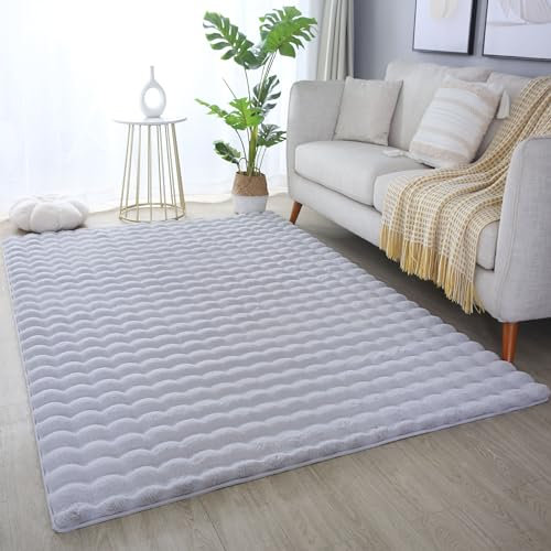 HomebyHome Hochflor Teppich - 3D Moderne Einfarbig Design für Wohnzimmer, Schlafzimmer, Kinderzimmer und Flur - Flauschiger Kunstfell Shaggy 140x200 cm Silber - Extra Weich