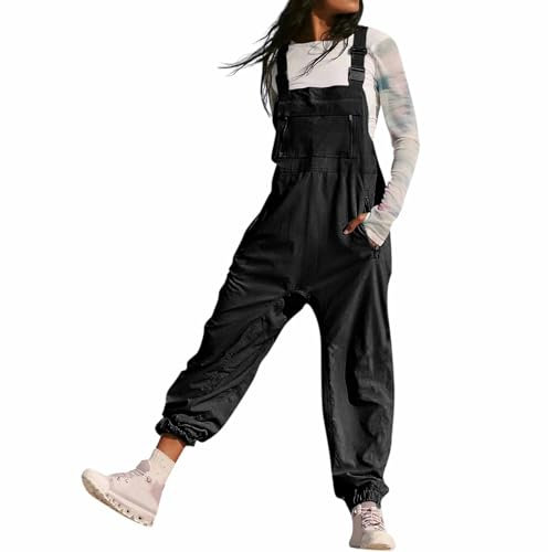Latzhose Damen Arbeitshose Weites Bein Jumpsuit Verstellbar Riemen Hose Reißverschlusstasche Lose Passform Baggy Latzhose für Frauen Lang Spielanzug Hose Schwarz M