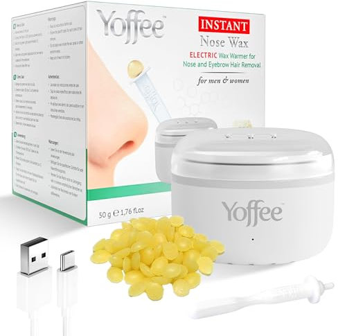 Yoffee Instant Nose Wax - Scaldacera Elettrico per Rimozione dei Peli del Naso e delle Sopracciglia - 50g Cera Naturale d'Api, 6 Applicatori Plastica, USB Tipo C, Riscaldamento Rapido, Sicuro da Usare