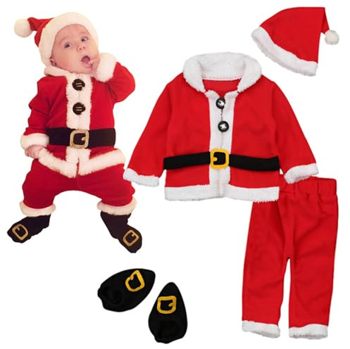 Raopuzi Disfraz Navidad Bebe, Traje Papa Noel, Disfraces Mono Unisexo Recién Nacido, Mi Primera Navidad, Top + Pantalones + Calcetines de La Bota + Gorro Ropa Navideña Bebé Niñas Y Niños, Roja