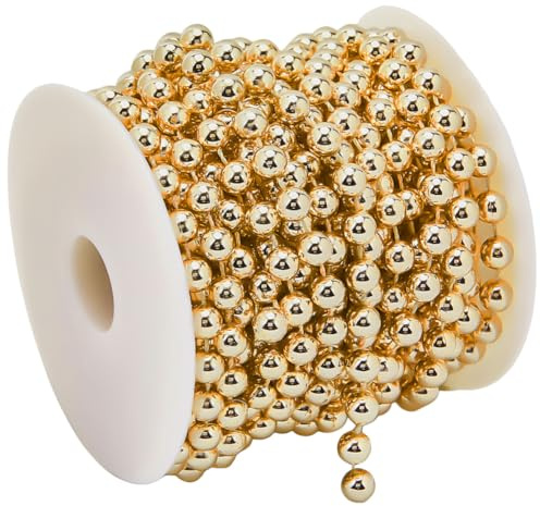 SOFPLATE 10 m/32.8 Piedi Ghirlanda di Natale in Perle Dorate Artigianali in Filo di Perle da 8mm con Rocchetto Centrotavola in Palline Rotonde Albero ABS Plastica Imitazione Perla Filo di Perline per