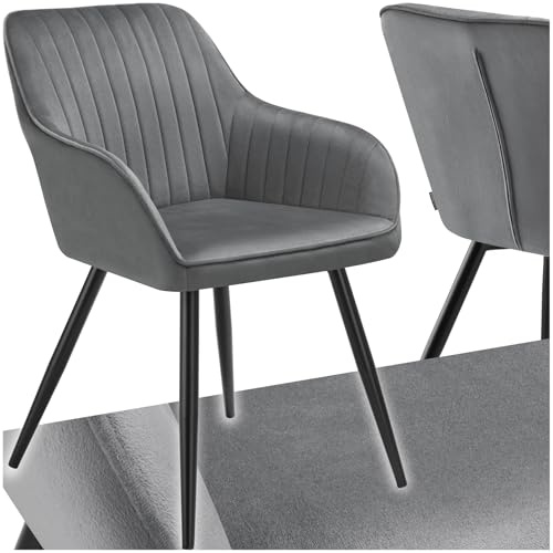 tectake® Silla de Comedor con Tapizado Aterciopelado Acolchado, Silla de Cocina Elegante y Moderna, Patas de Acero, Fácil Limpieza, Ideal Silla Salón, Tocador, Dormitorio - 1 Silla Gris/Negro
