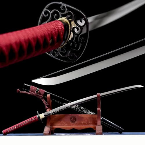 Handgefertigtes Echtes Samurai-Schwert,Klinge ist handgeschmiedet aus Schnellarbeitsstahl,Superheller Spiegelpolierprozess,Japanisches Katana mit Scheide für Kampfsport,Cosplay,Kendo,Dekor,Sammeln
