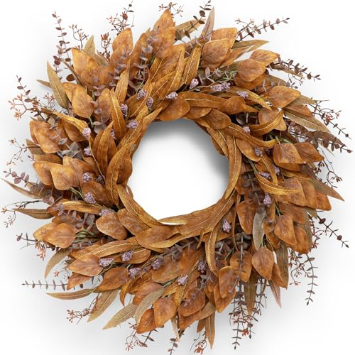 26 Artificial Fall Eucalyptus Wreath with Seeds for Front Door(Orange)