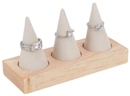 PH PandaHall Soporte para anillos de madera, 3 soportes de terciopelo de cono, color beige, exposición, exhibición de joyas para mujeres, exposición, anillo de boda, decoración de sala de