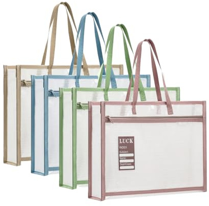 Oaygat 4-Piece A4 Plastic File Envelope Folders EVA Snap Closure Document Wallets Double Layer Mesh Zipper File Pouches Lightweight Mesh Book Bags Waterproof Document Storage Pockets