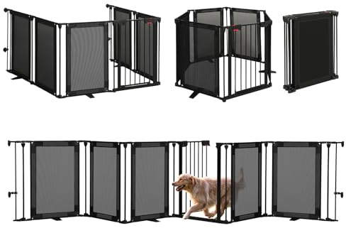 CRUDATE Freestanding Dog Gate, 150 Extra Wide Pet Gate with Auto-Close Door, Foldable Grip-Resistant Dog Fence for Indoor/Outdoor, 29 Tall Pet Barrier for Stairs/Doorways/Fireplace (6 Panels, Black)