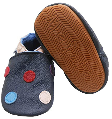 Mejale Baby Moccasins Boy Rubber Soft Crawling Shoe Girl Toddler Leather Walking Slipper Unisex Infant First Walker Shoes（Navy Blue,6-12 Months,M