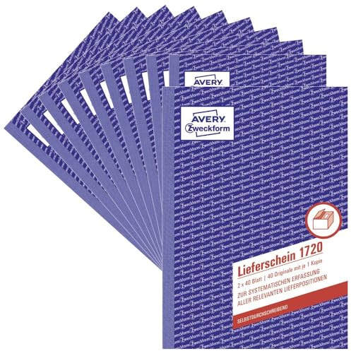 Avery Zweckform 1720 – 10 albarán (A5, papel autocopiativo, 2 x 40 hojas, 10 unidades), color blanco/amarillo